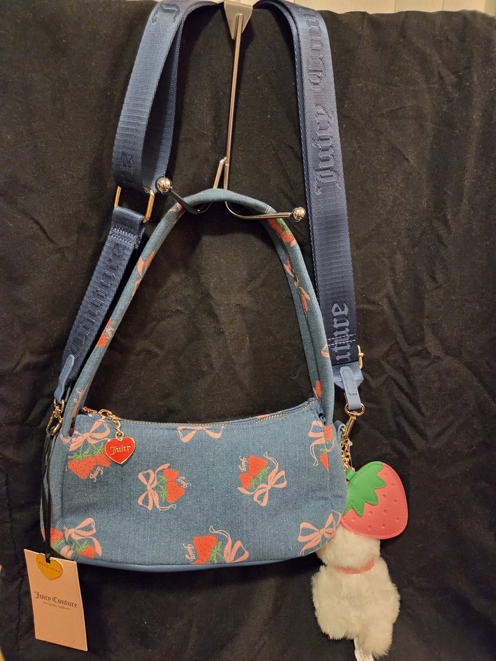 Juicy Couture Blue Denim Strawberry Print Shoulder Bag with Pink Accents